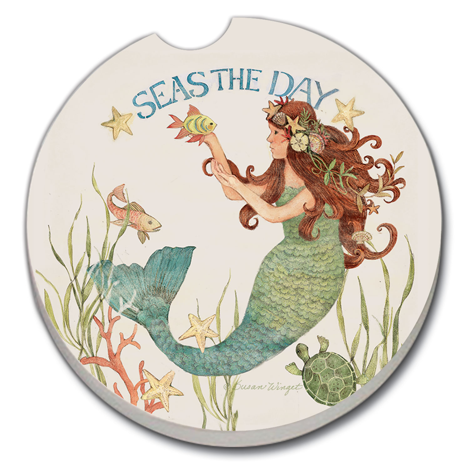 08770: SEAS OF THE DAY MERMAID ABSORBENT STONE CAR COASTER - COUNTER ART