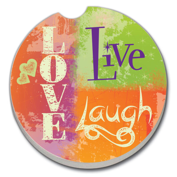 12683: LIVE LAUGH LOVE BRIGHT ABSORBENT STONE CAR COASTER - COUNTER ART
