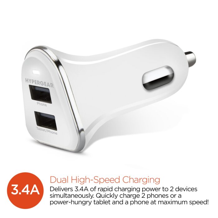 15180: HYPERGEAR HI-POWER DUAL USB 3.4A CAR CHARGER - WHITE - HYPERCEL