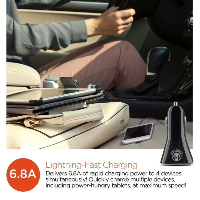 14269: HYPERGEAR HIGH-POWER QUAD USB 6.8A CAR CHARGER - BLACK - HYPERCEL
