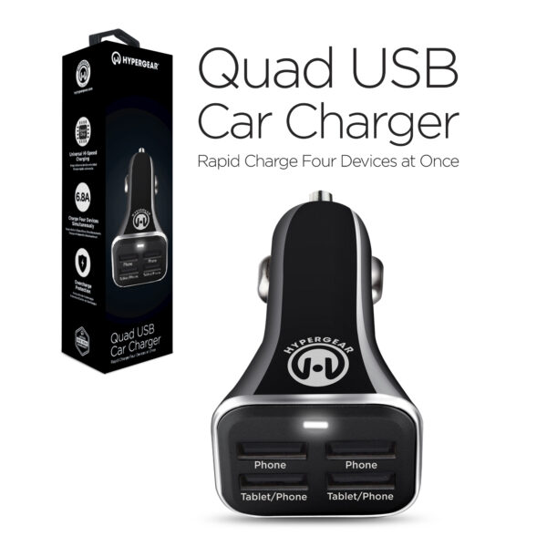 14269: HYPERGEAR HIGH-POWER QUAD USB 6.8A CAR CHARGER - BLACK - HYPERCEL