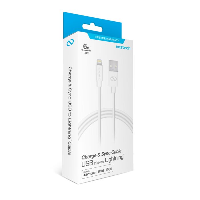 15257: NAZTECH MFI LIGHTNING FLEXI 6FT. CHARGE & SYNC CABLE  - WHITE - HYPERCEL