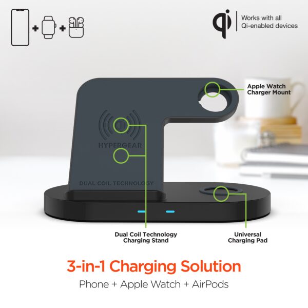 15328: HYPERGEAR 3-IN-1 WIRELESS CHARGING DOCK - BLACK - HYPERCEL