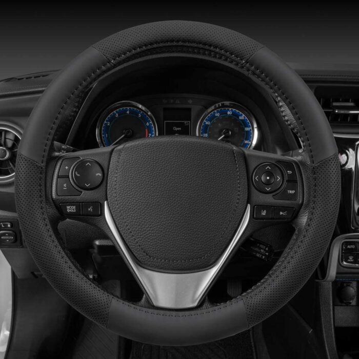SW-809-BK: MOTOR TREND BLACK PERFORATED STEERING WHEEL COVER - BLACK- MEDIUM - BDK USA - Image 2