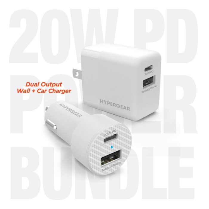 15408: 20W USB-C PD DUAL OUTPUT WALL + CAR CHARGER BUNDLE - WHITE - HYPERGEAR - Image 5