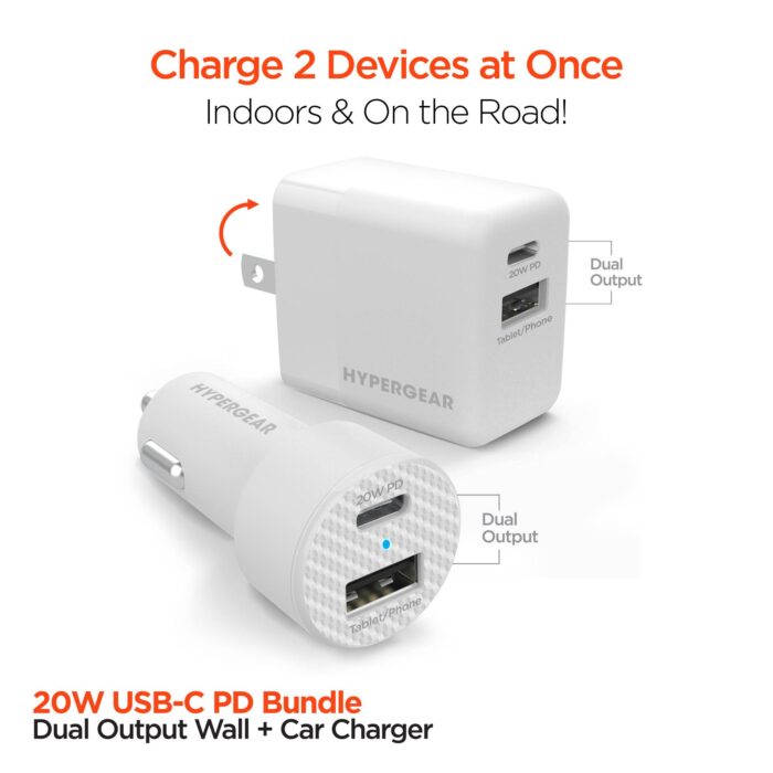 15408: 20W USB-C PD DUAL OUTPUT WALL + CAR CHARGER BUNDLE - WHITE - HYPERGEAR - Image 4