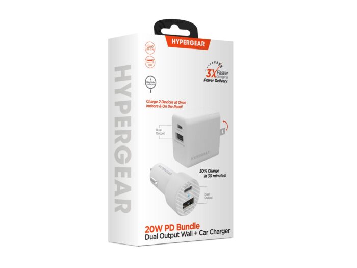 15408: 20W USB-C PD DUAL OUTPUT WALL + CAR CHARGER BUNDLE - WHITE - HYPERGEAR - Image 3