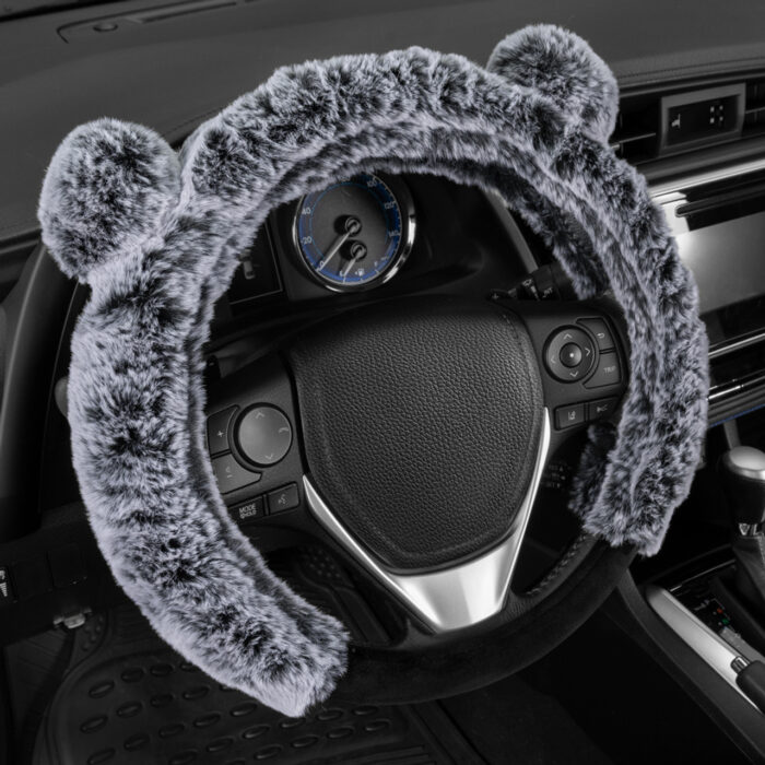 SW-2421-GR: FAUX FUR STEERING WHEEL COVER WITH EARS - GRAY - BDK USA - Image 2