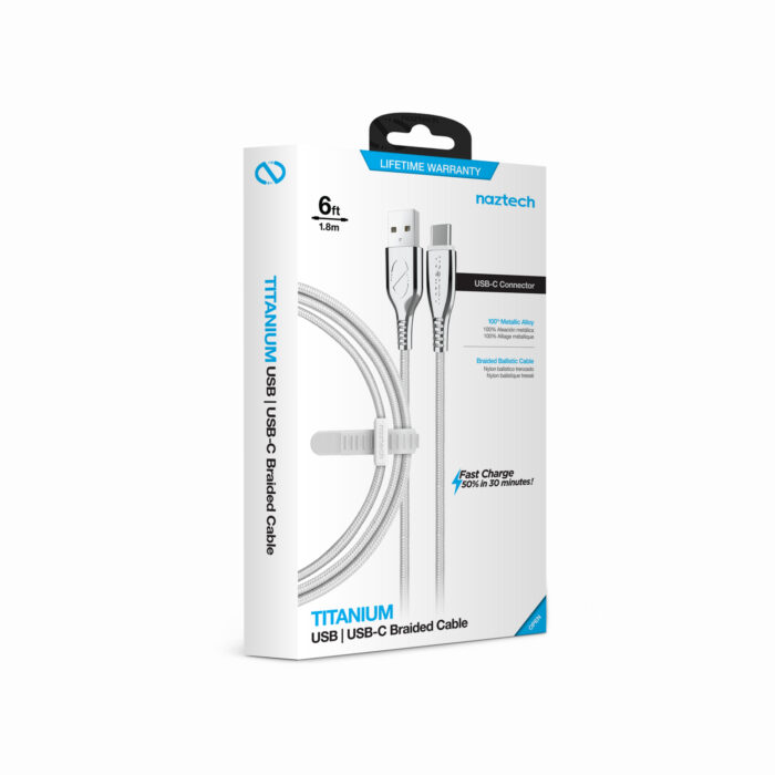 15500: NAZTECH TITANIUM USB TO USB-C BRAIDED CABLE 6FT. - WHITE - HYPERGEAR - Image 3