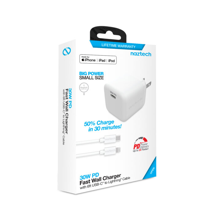 15544: 30W USB-C PD FAST WALL CHARGER + USB-C TO LIGHTNING CABLE 6FT - WHITE - NAZTECH - Image 9