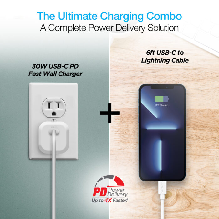 15544: 30W USB-C PD FAST WALL CHARGER + USB-C TO LIGHTNING CABLE 6FT - WHITE - NAZTECH - Image 7