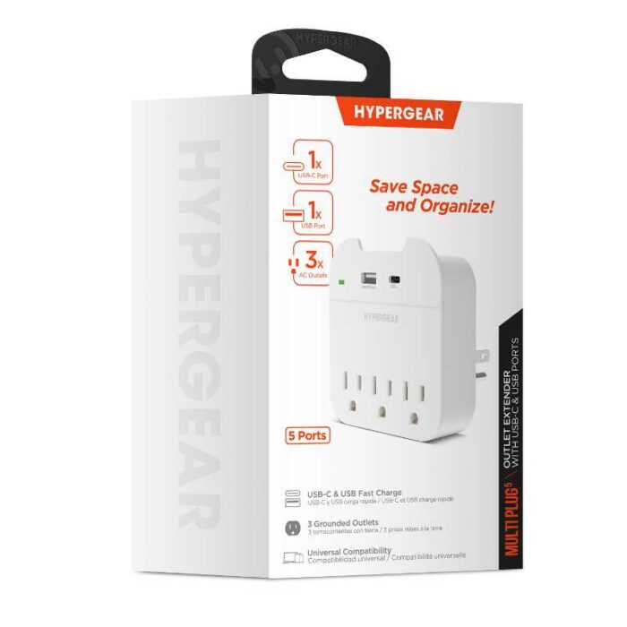 15705: MULTI PLUG 5 OUTLET EXTENDER WITH USB-C AND USB PORTS - WHITE - HYPERGEAR - Image 2
