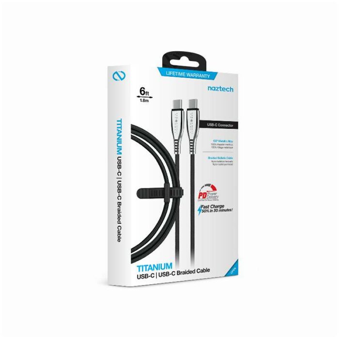 15501: NAZTECH TITANIUM USB-C TO USB-C BRAIDED CABLE 6FT. - BLACK - HYPERGEAR - Image 2