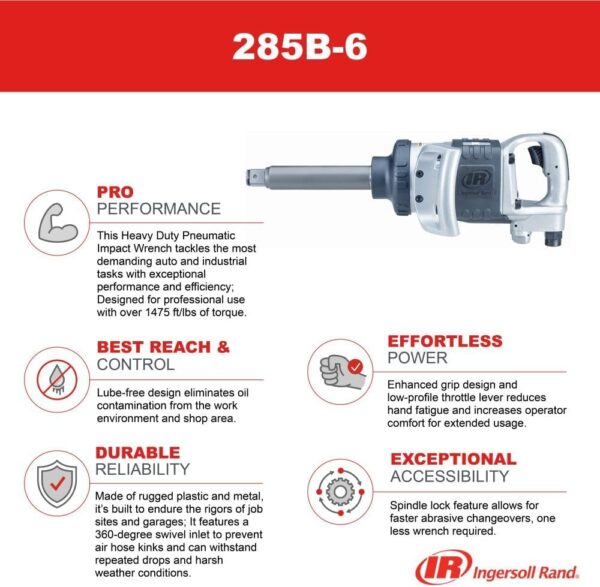 Ingersoll Rand 285B-6 1-Inch Cordless Pneumatic Impact Wrench with 6-Inch Extended Anvil and 2 Handle